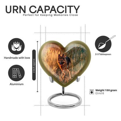 Antique Gold Dog Cremation Urn front view showing detailed design - heart-shaped dog design symbolizing eternal love - mini keepsake memorial for portion of cremation ashes