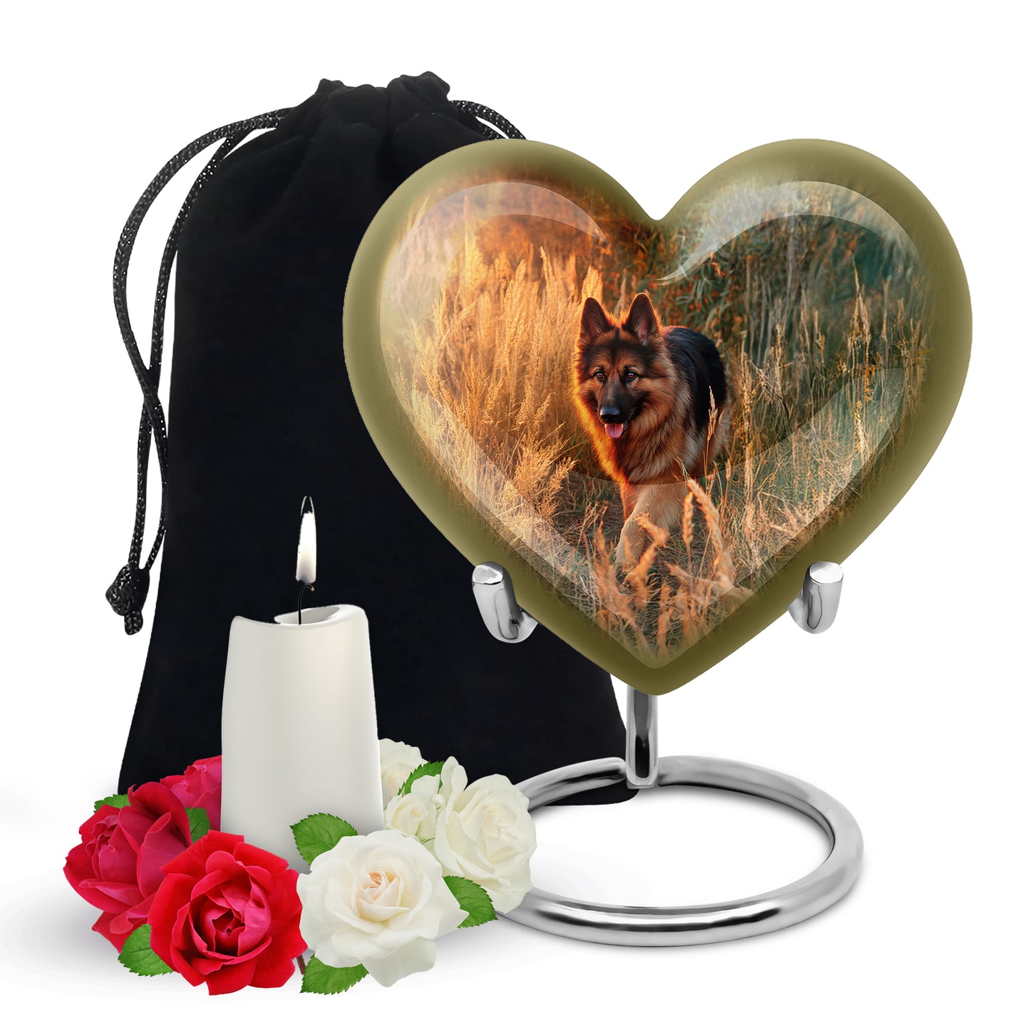 Warm Gold Dog Cremation Urn detail view - romantic heart urn with dog motif on aluminum - full-size 10 inch 200 cubic inch adult cremation urn