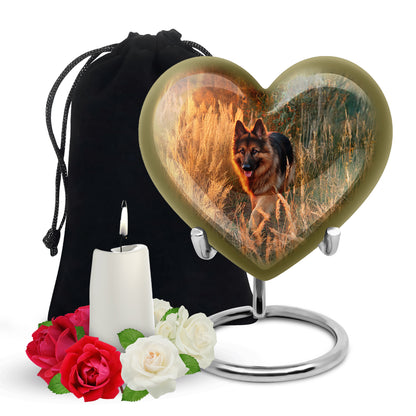 Warm Gold Dog Cremation Urn detail view - romantic heart urn with dog motif on aluminum - full-size 10 inch 200 cubic inch adult cremation urn
