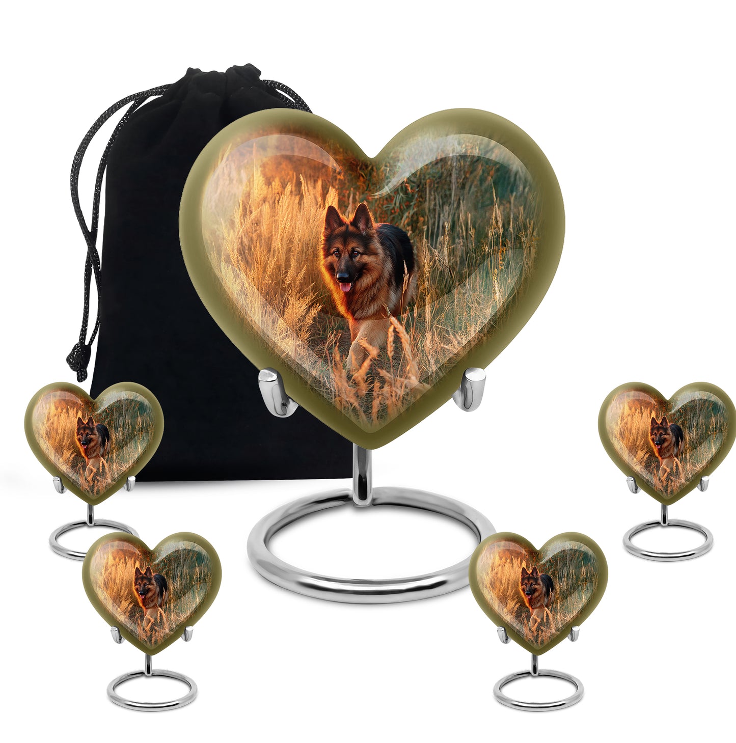 Matte Gold Dog Cremation Urn close-up of engraving and surface detail - romantic heart urn with dog motif on aluminum - memorial set with one large and four small urns