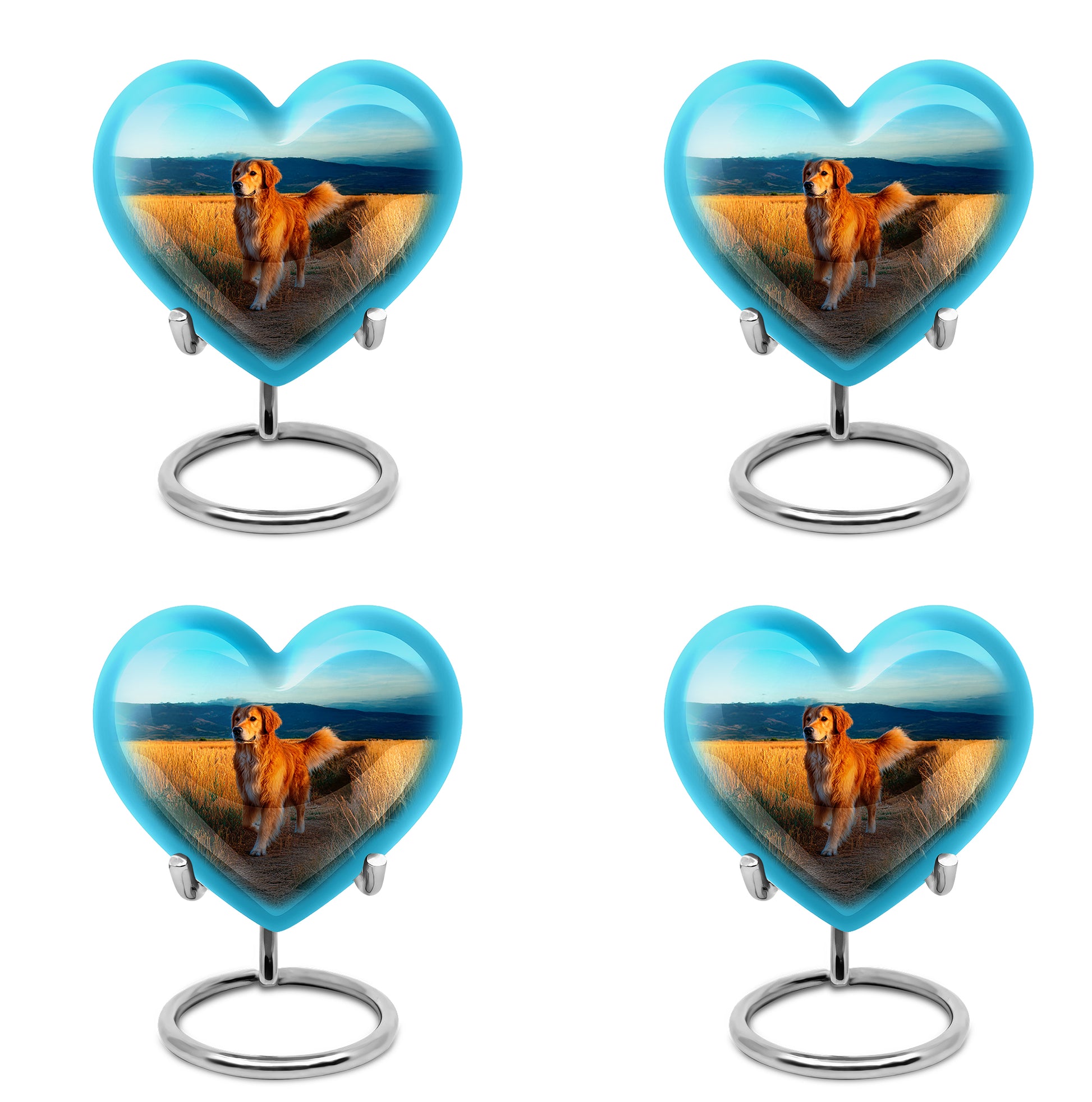 Cool Teal Dog Cremation Urn angled view of lid and engraved motif - heart-shaped dog design symbolizing eternal love - 10 inch aluminum urn for cremated remains