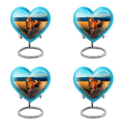 Cool Teal Dog Cremation Urn angled view of lid and engraved motif - heart-shaped dog design symbolizing eternal love - 10 inch aluminum urn for cremated remains