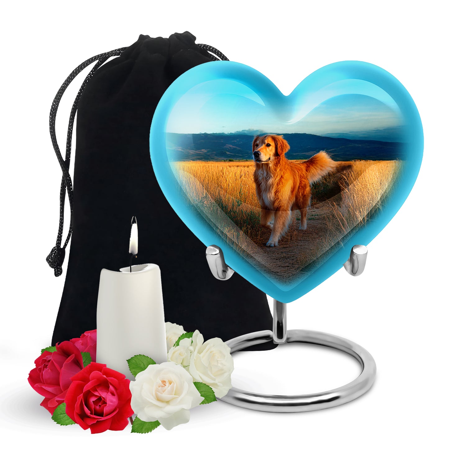 Jewel Teal Dog Cremation Urn detail view - heart-shaped dog design symbolizing eternal love - full-size 10 inch 200 cubic inch adult cremation urn