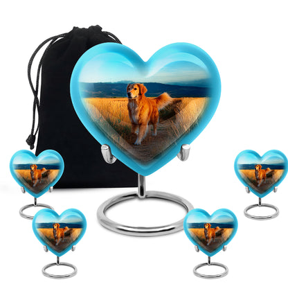 Vivid Teal Dog Cremation Urn close-up of engraving and surface detail - compassionate heart-dog combination with gentle curves - memorial set with one large and four small urns