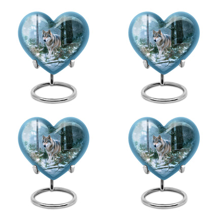 Celestial Blue Dog Cremation Urn angled view of lid and engraved motif - heart-shaped dog design symbolizing eternal love - 10 inch aluminum urn for cremated remains
