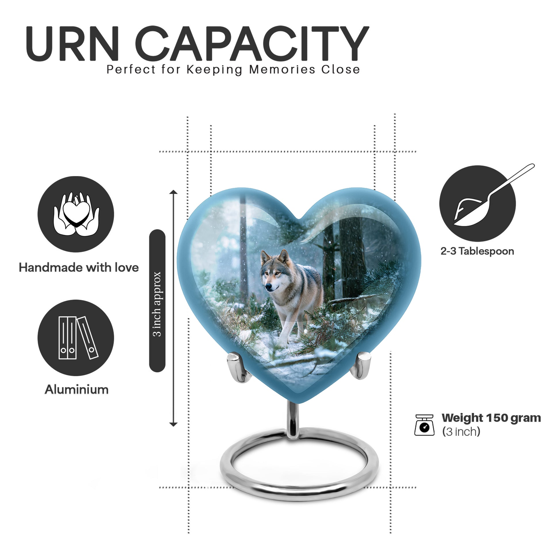 Dusty Blue Dog Cremation Urn front view showing detailed design - loving heart memorial featuring dog pattern - mini keepsake memorial for portion of cremation ashes