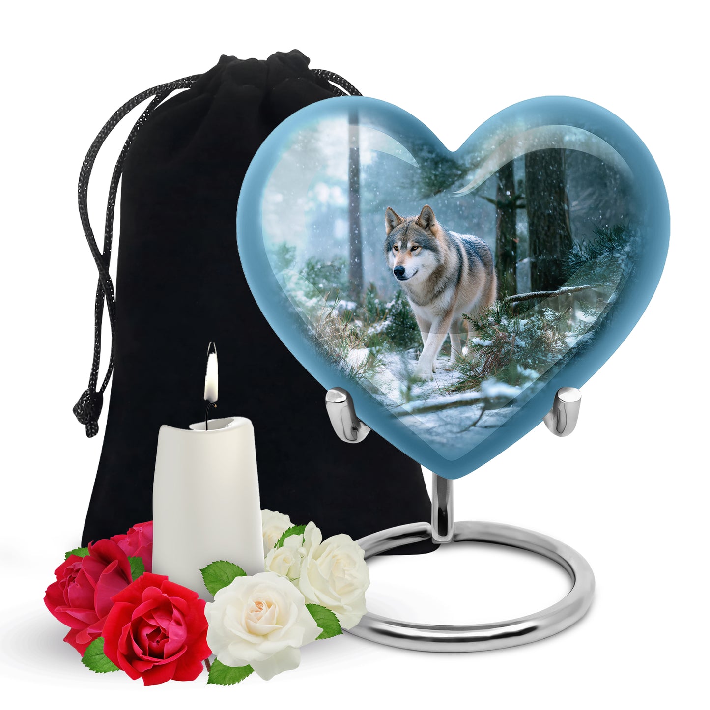 Icy Blue Dog Cremation Urn detail view - loving heart memorial featuring dog pattern - full-size 10 inch 200 cubic inch adult cremation urn