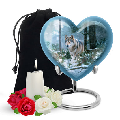 Icy Blue Dog Cremation Urn detail view - loving heart memorial featuring dog pattern - full-size 10 inch 200 cubic inch adult cremation urn