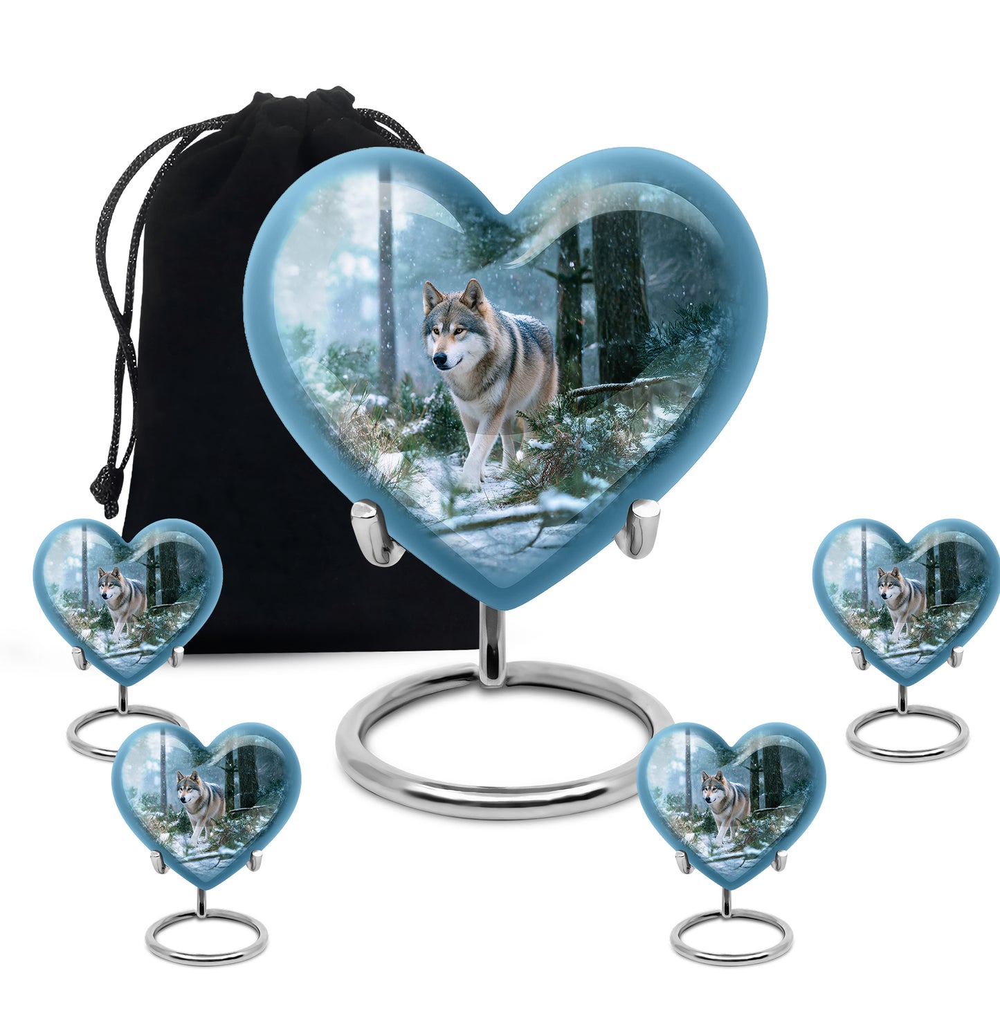 Powder Blue Dog Cremation Urn close-up of engraving and surface detail - heart-shaped dog design symbolizing eternal love - memorial set with one large and four small urns