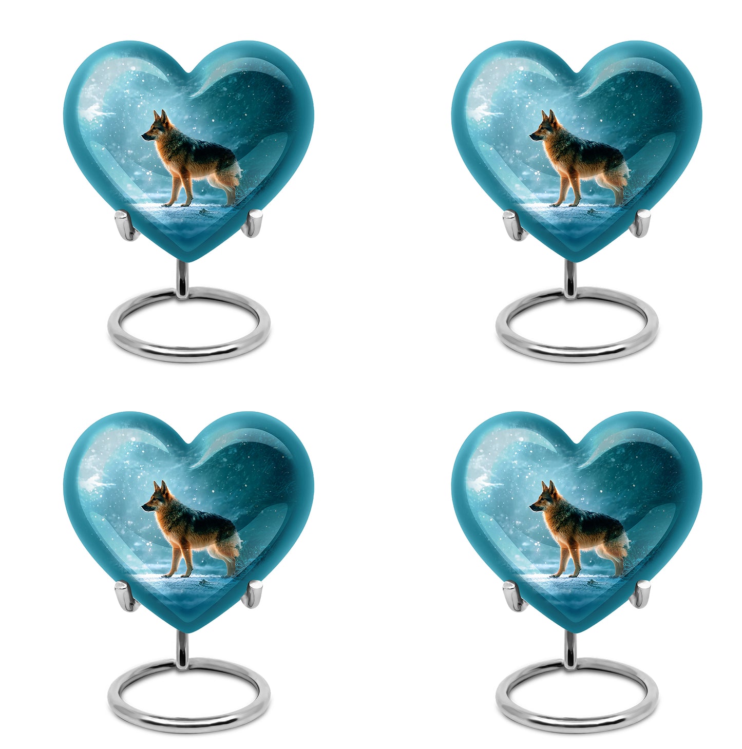 Mystic Teal Dog Cremation Urn angled view of lid and engraved motif - romantic heart urn with dog motif on aluminum - 10 inch aluminum urn for cremated remains