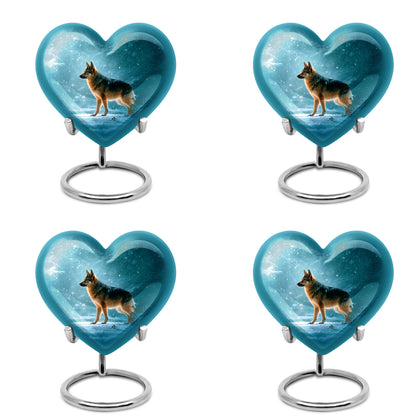 Mystic Teal Dog Cremation Urn angled view of lid and engraved motif - romantic heart urn with dog motif on aluminum - 10 inch aluminum urn for cremated remains