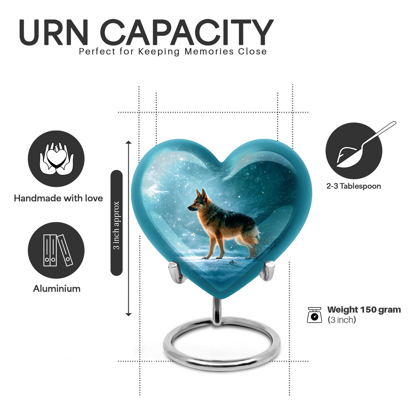 Tropical Teal Dog Cremation Urn front view showing detailed design - romantic heart urn with dog motif on aluminum - mini keepsake memorial for portion of cremation ashes