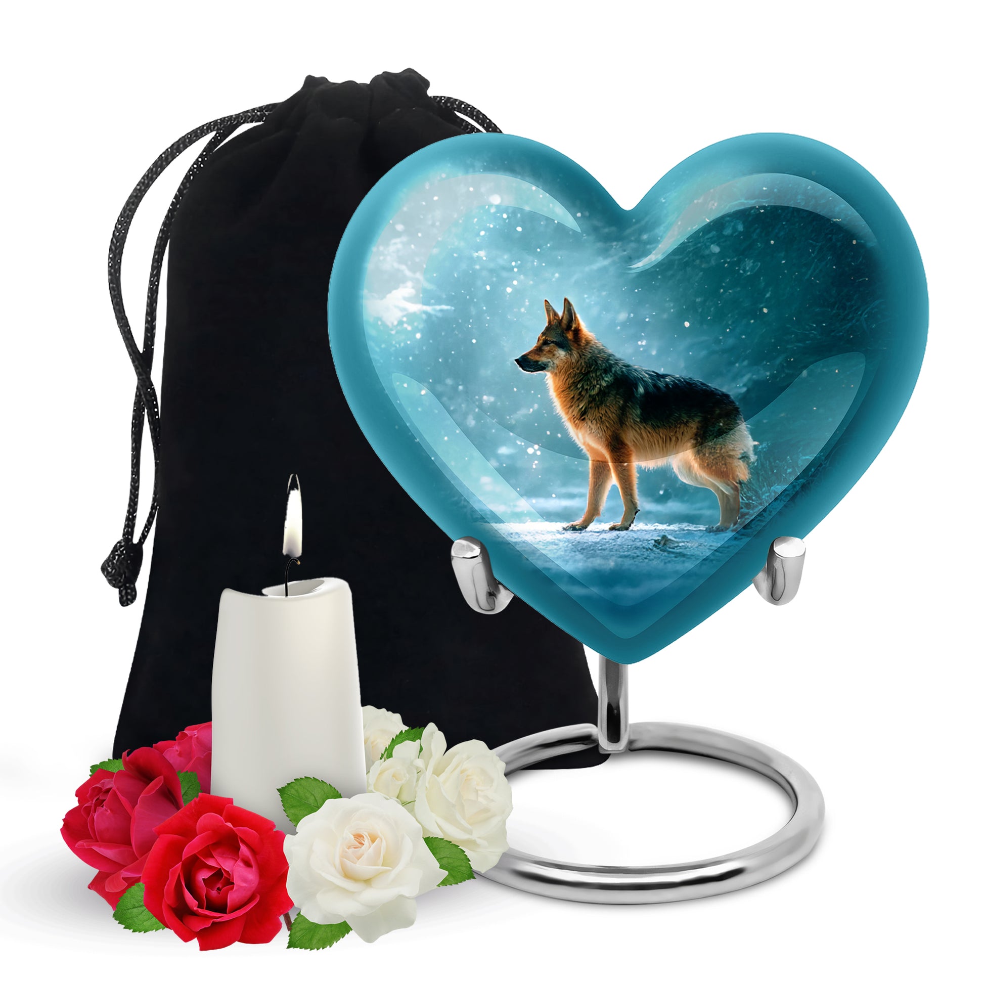Jewel Teal Dog Cremation Urn detail view - heart-shaped dog design symbolizing eternal love - full-size 10 inch 200 cubic inch adult cremation urn