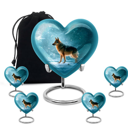 Cool Teal Dog Cremation Urn close-up of engraving and surface detail - heart-shaped dog design symbolizing eternal love - memorial set with one large and four small urns