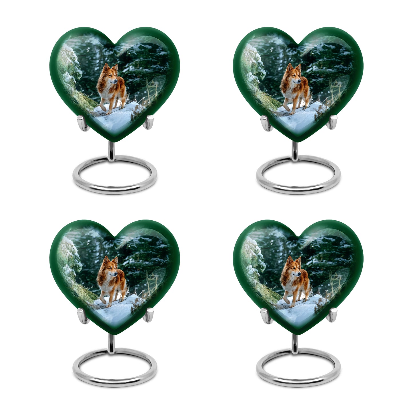 Jewel Teal Dog Cremation Urn angled view of lid and engraved motif - heart-shaped dog design symbolizing eternal love - 10 inch aluminum urn for cremated remains