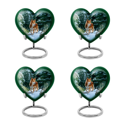 Jewel Teal Dog Cremation Urn angled view of lid and engraved motif - heart-shaped dog design symbolizing eternal love - 10 inch aluminum urn for cremated remains