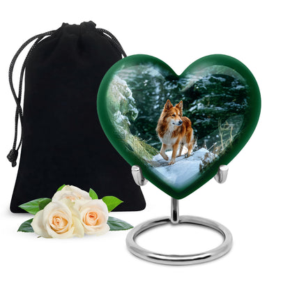 Deep Teal Dog Cremation Urn detail view - compassionate heart-dog combination with gentle curves - full-size 10 inch 200 cubic inch adult cremation urn