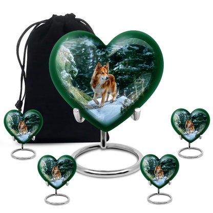 Mystic Teal Dog Cremation Urn close-up of engraving and surface detail - romantic heart urn with dog motif on aluminum - memorial set with one large and four small urns