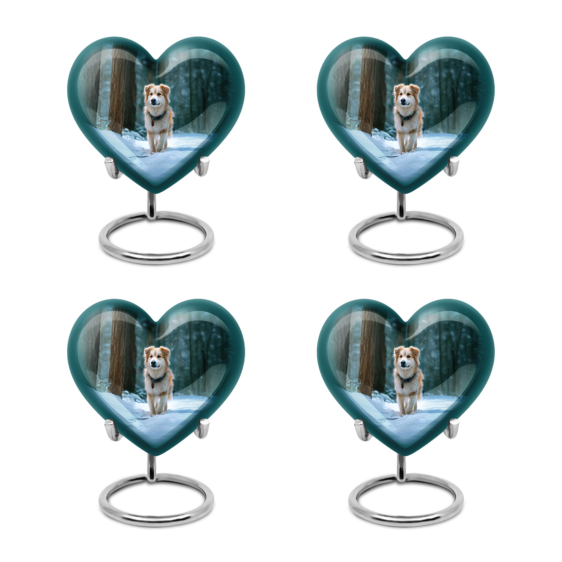 Ocean Teal Dog Cremation Urn angled view of lid and engraved motif - heart-shaped dog design symbolizing eternal love - 10 inch aluminum urn for cremated remains