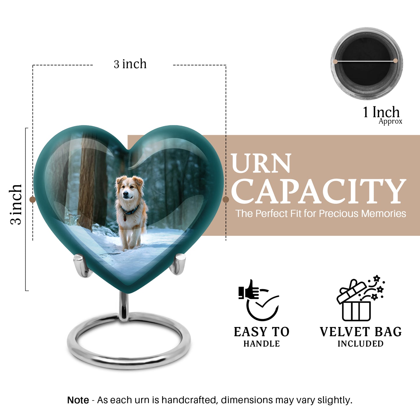 Jewel Teal Dog Cremation Urn front view showing detailed design - loving heart memorial featuring dog pattern - mini keepsake memorial for portion of cremation ashes