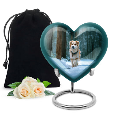 Vivid Teal Dog Cremation Urn detail view - compassionate heart-dog combination with gentle curves - full-size 10 inch 200 cubic inch adult cremation urn
