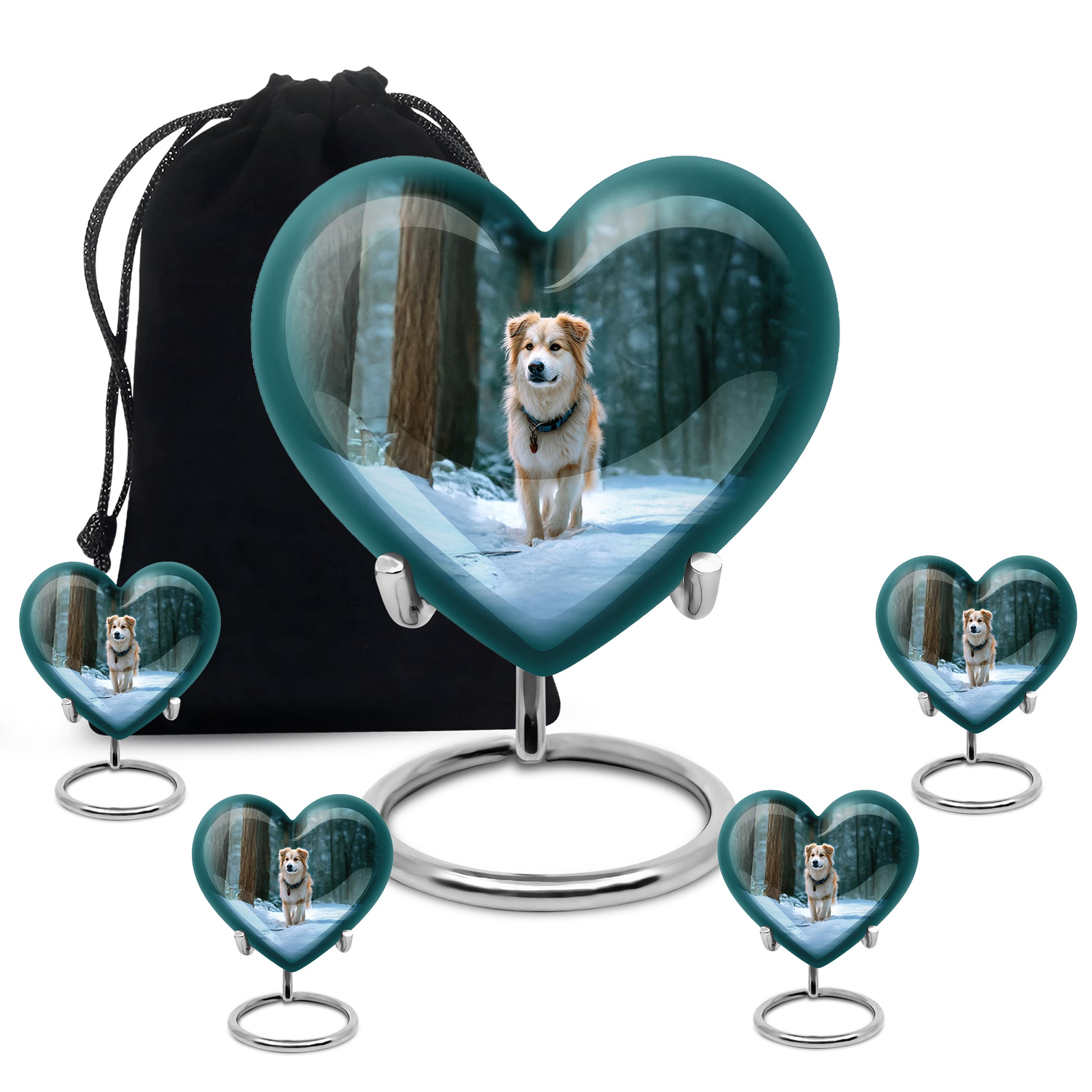 Vivid Teal Dog Cremation Urn close-up of engraving and surface detail - compassionate heart-dog combination with gentle curves - memorial set with one large and four small urns