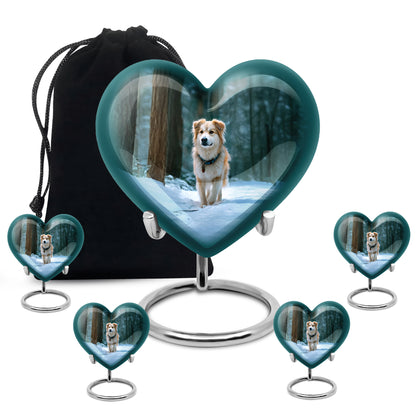 Vivid Teal Dog Cremation Urn close-up of engraving and surface detail - compassionate heart-dog combination with gentle curves - memorial set with one large and four small urns