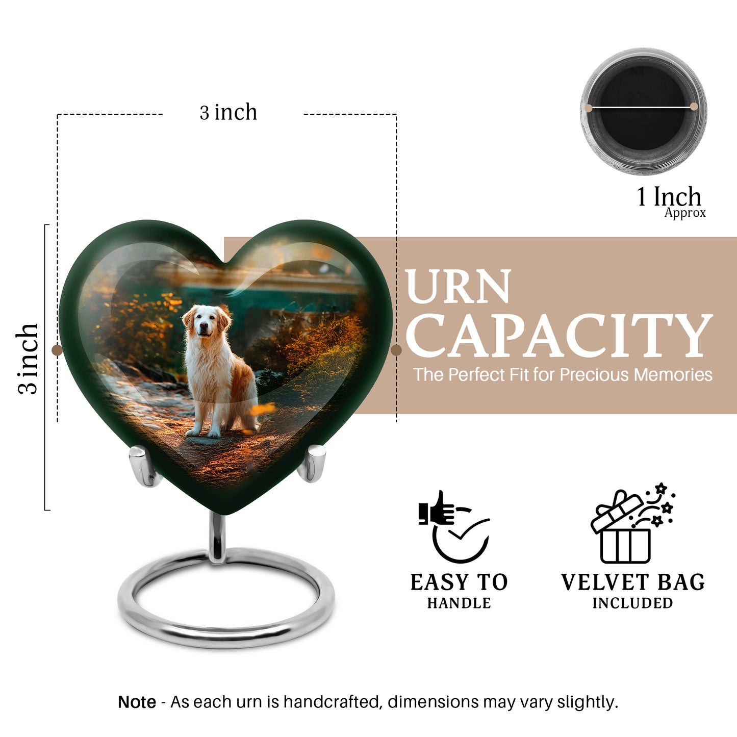 Glossy Black Dog Cremation Urn front view showing detailed design - heart-shaped dog design symbolizing eternal love - mini keepsake memorial for portion of cremation ashes