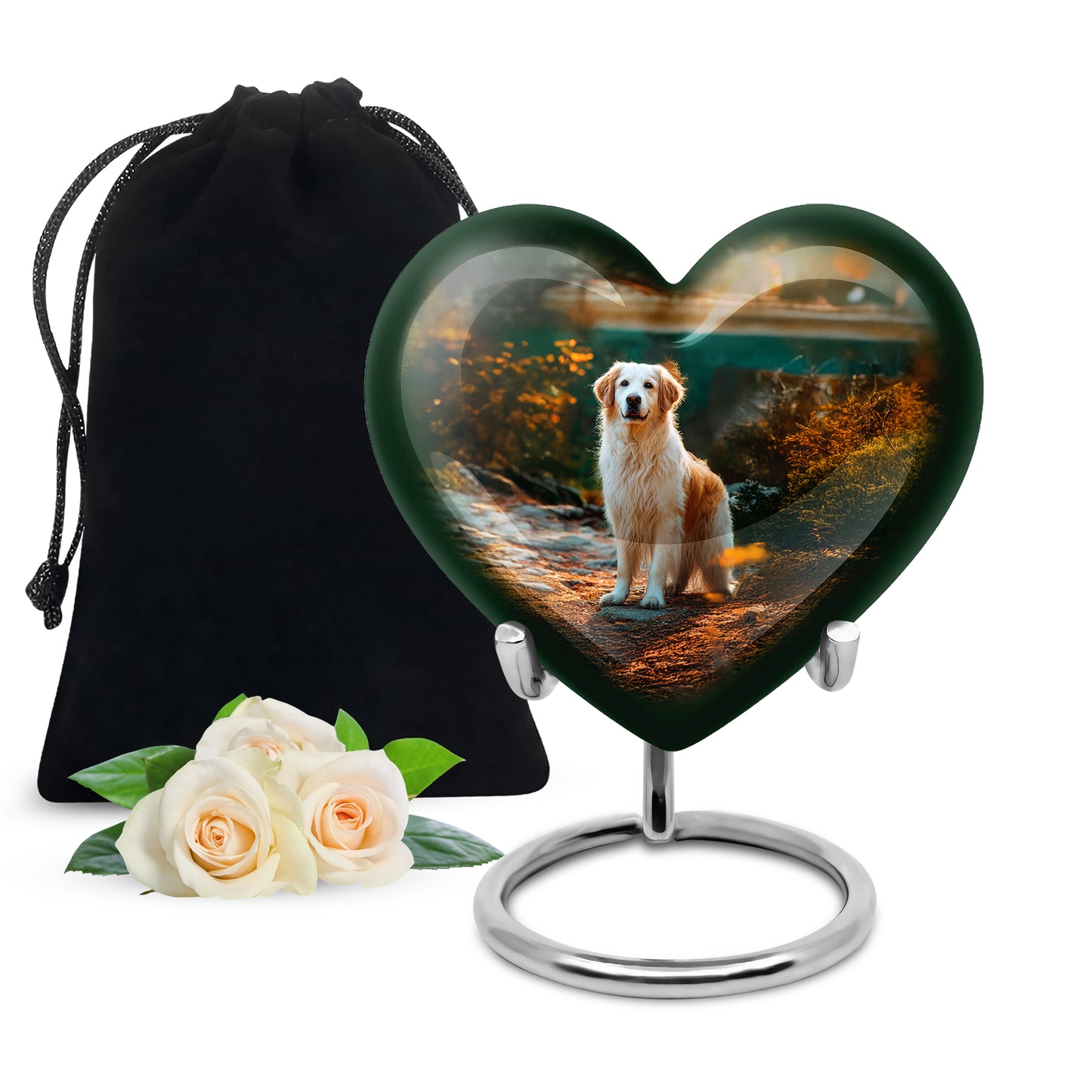 Rich Black Dog Cremation Urn detail view - loving heart memorial featuring dog pattern - full-size 10 inch 200 cubic inch adult cremation urn