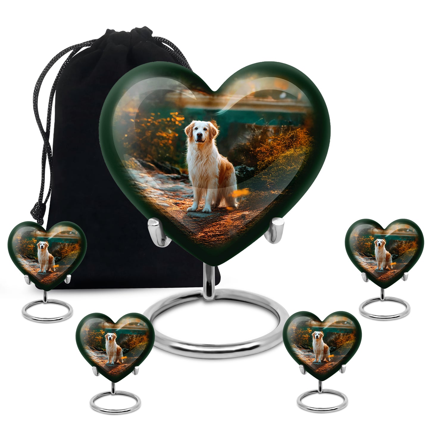 Glossy Black Dog Cremation Urn close-up of engraving and surface detail - heart-shaped dog design symbolizing eternal love - memorial set with one large and four small urns