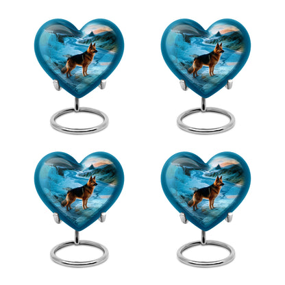 Calming Blue Dog Cremation Urn angled view of lid and engraved motif - romantic heart urn with dog motif on aluminum - 10 inch aluminum urn for cremated remains