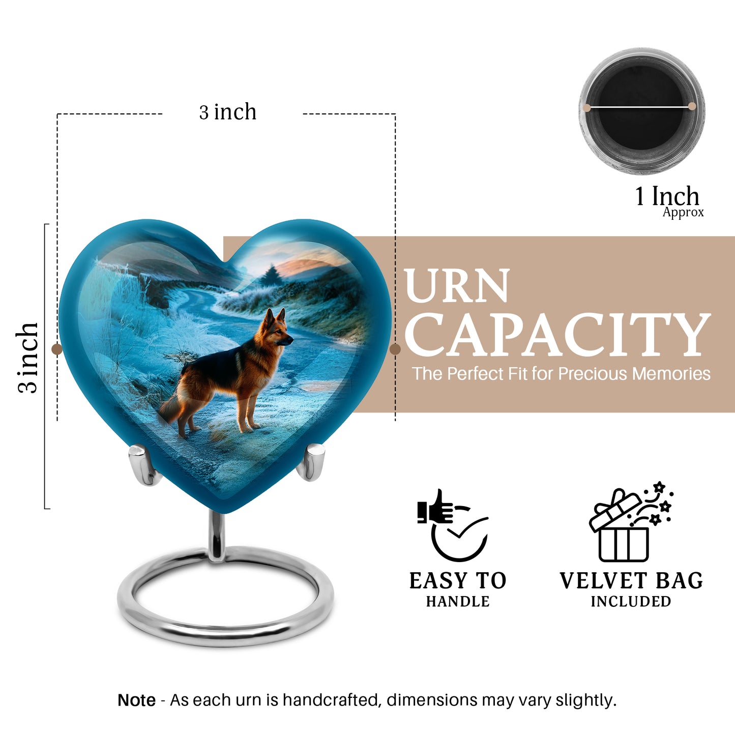 Royal Blue Dog Cremation Urn front view showing detailed design - compassionate heart-dog combination with gentle curves - mini keepsake memorial for portion of cremation ashes