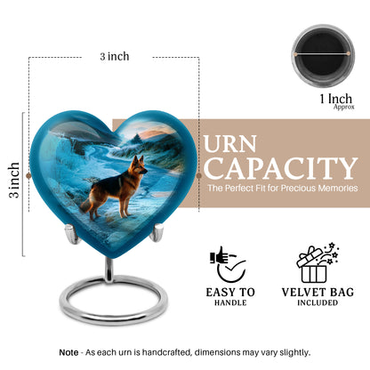 Royal Blue Dog Cremation Urn front view showing detailed design - compassionate heart-dog combination with gentle curves - mini keepsake memorial for portion of cremation ashes