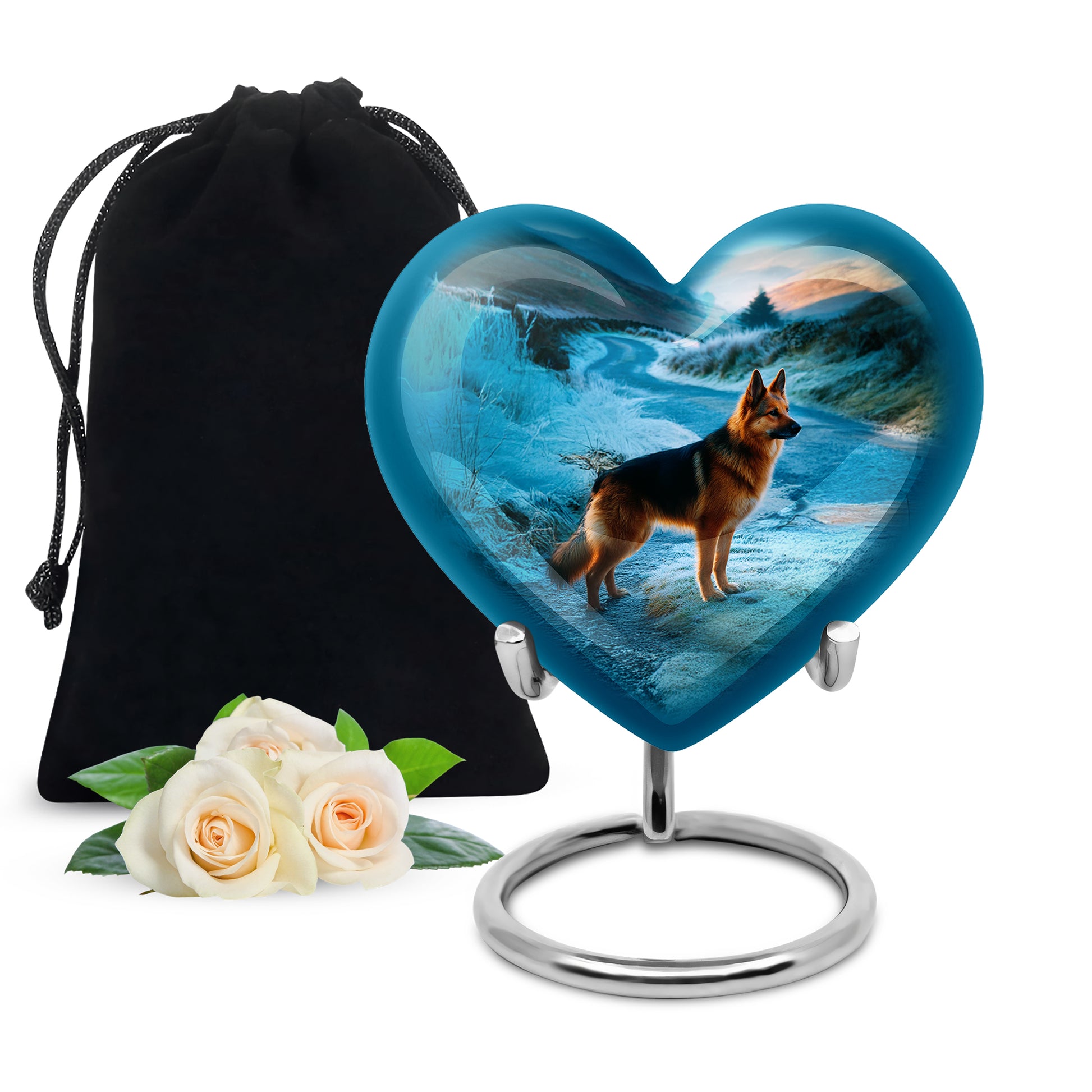 Soft Blue Dog Cremation Urn detail view - compassionate heart-dog combination with gentle curves - full-size 10 inch 200 cubic inch adult cremation urn