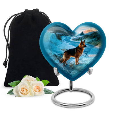 Soft Blue Dog Cremation Urn detail view - compassionate heart-dog combination with gentle curves - full-size 10 inch 200 cubic inch adult cremation urn