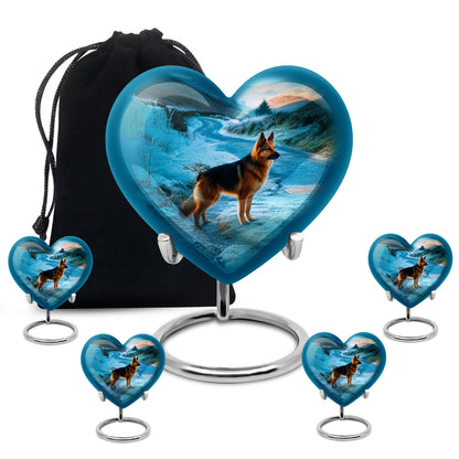 Soft Blue Dog Cremation Urn close-up of engraving and surface detail - romantic heart urn with dog motif on aluminum - memorial set with one large and four small urns