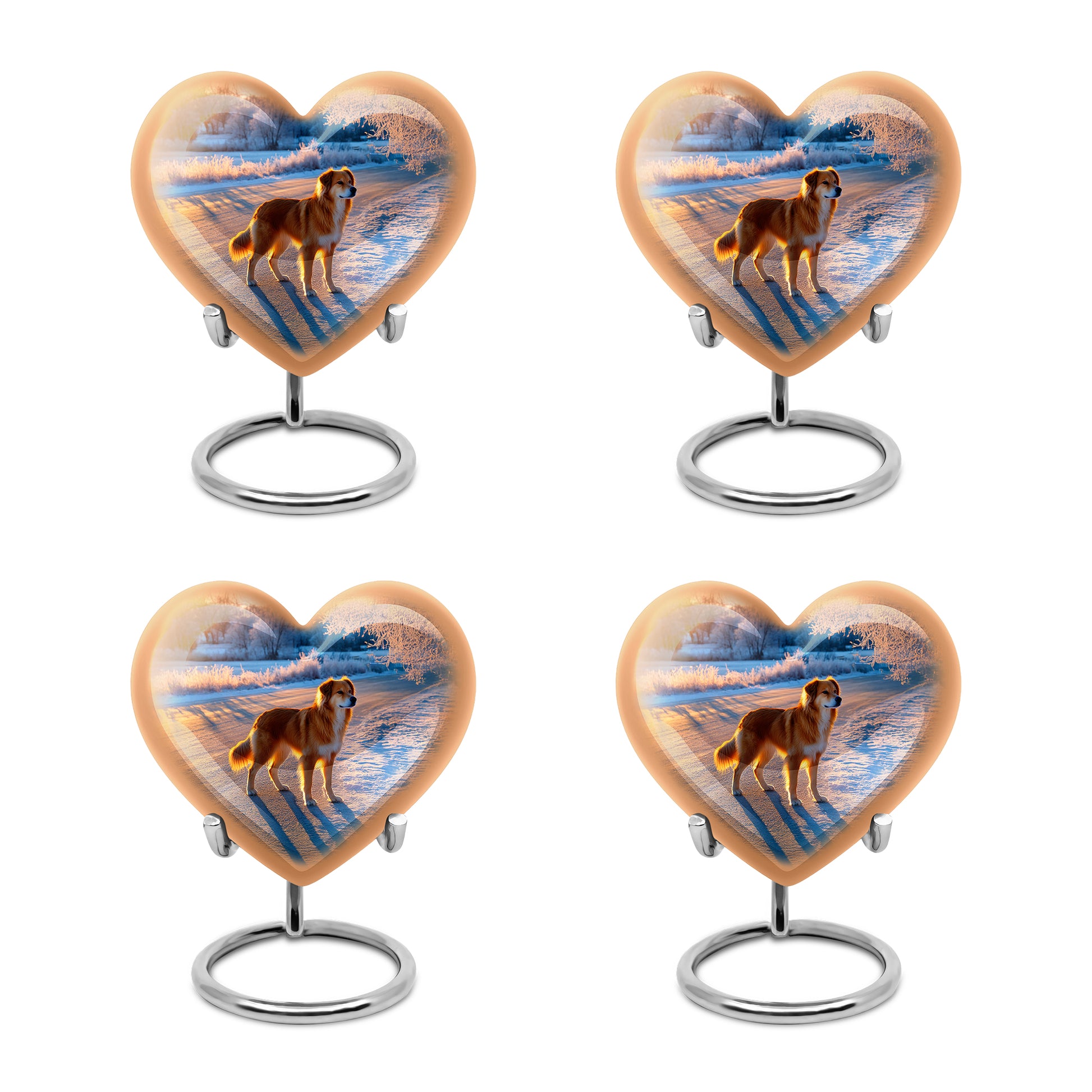 Vivid Blue Dog Cremation Urn angled view of lid and engraved motif - compassionate heart-dog combination with gentle curves - 10 inch aluminum urn for cremated remains