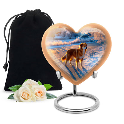 Navy Blue Dog Cremation Urn detail view - loving heart memorial featuring dog pattern - full-size 10 inch 200 cubic inch adult cremation urn