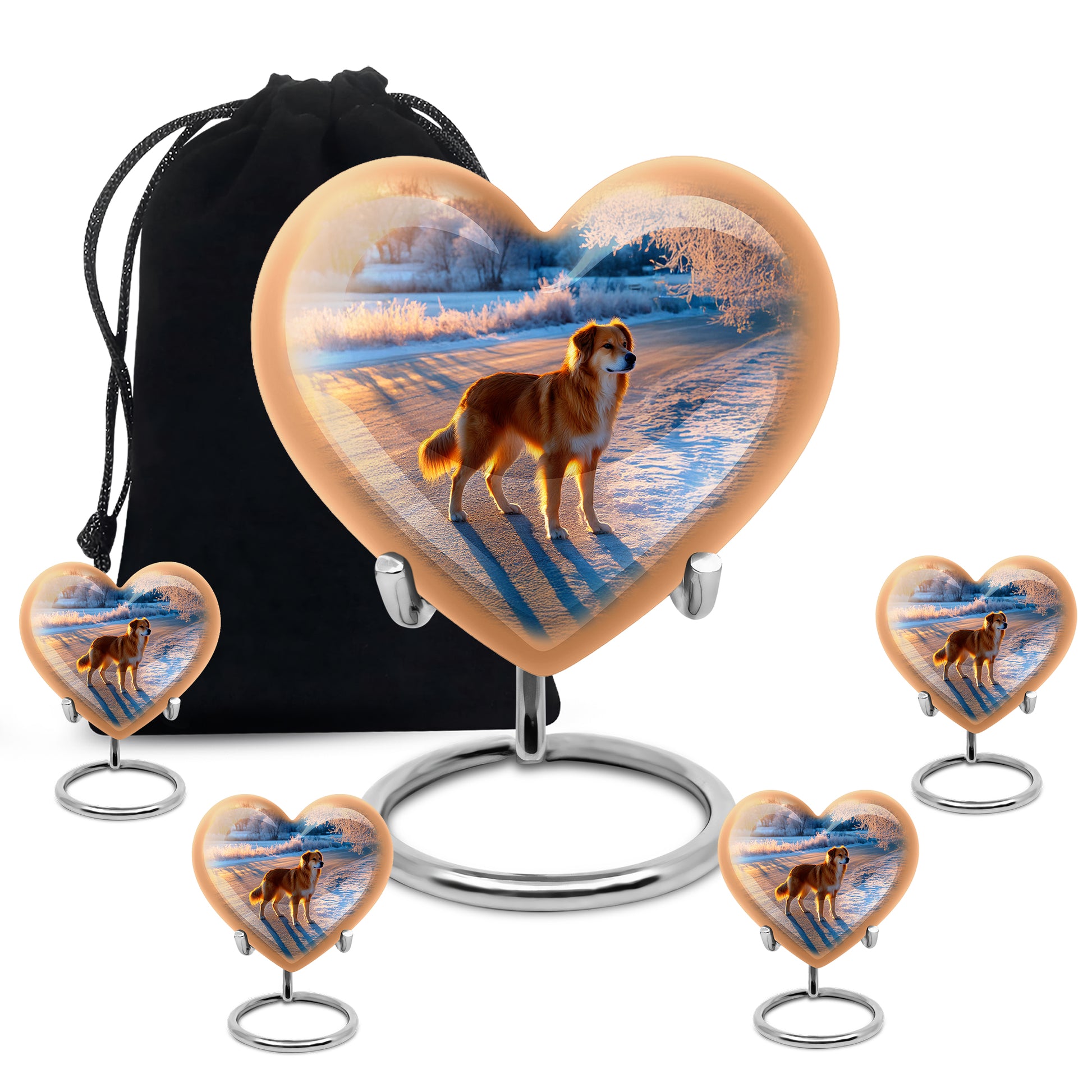 Navy Blue Dog Cremation Urn close-up of engraving and surface detail - loving heart memorial featuring dog pattern - memorial set with one large and four small urns