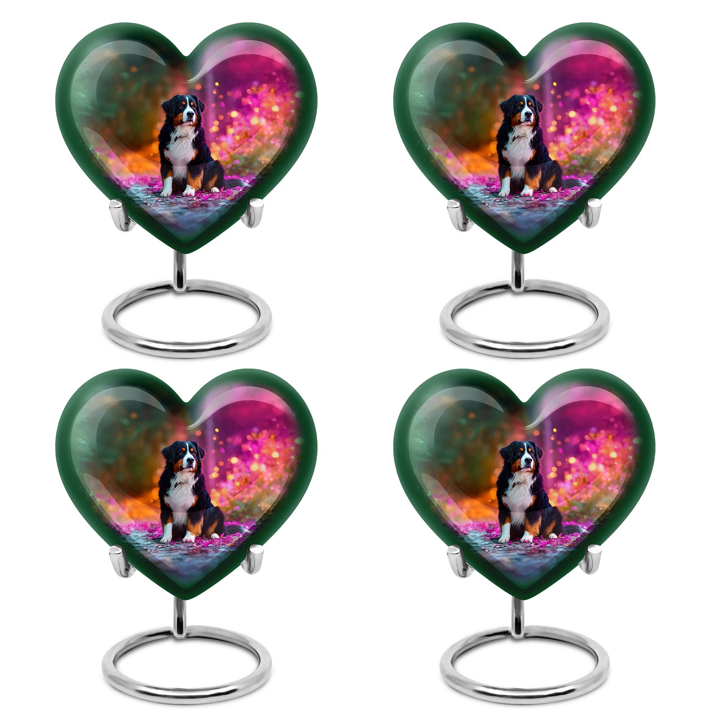 Pine Green Dog Cremation Urn angled view of lid and engraved motif - romantic heart urn with dog motif on aluminum - 10 inch aluminum urn for cremated remains