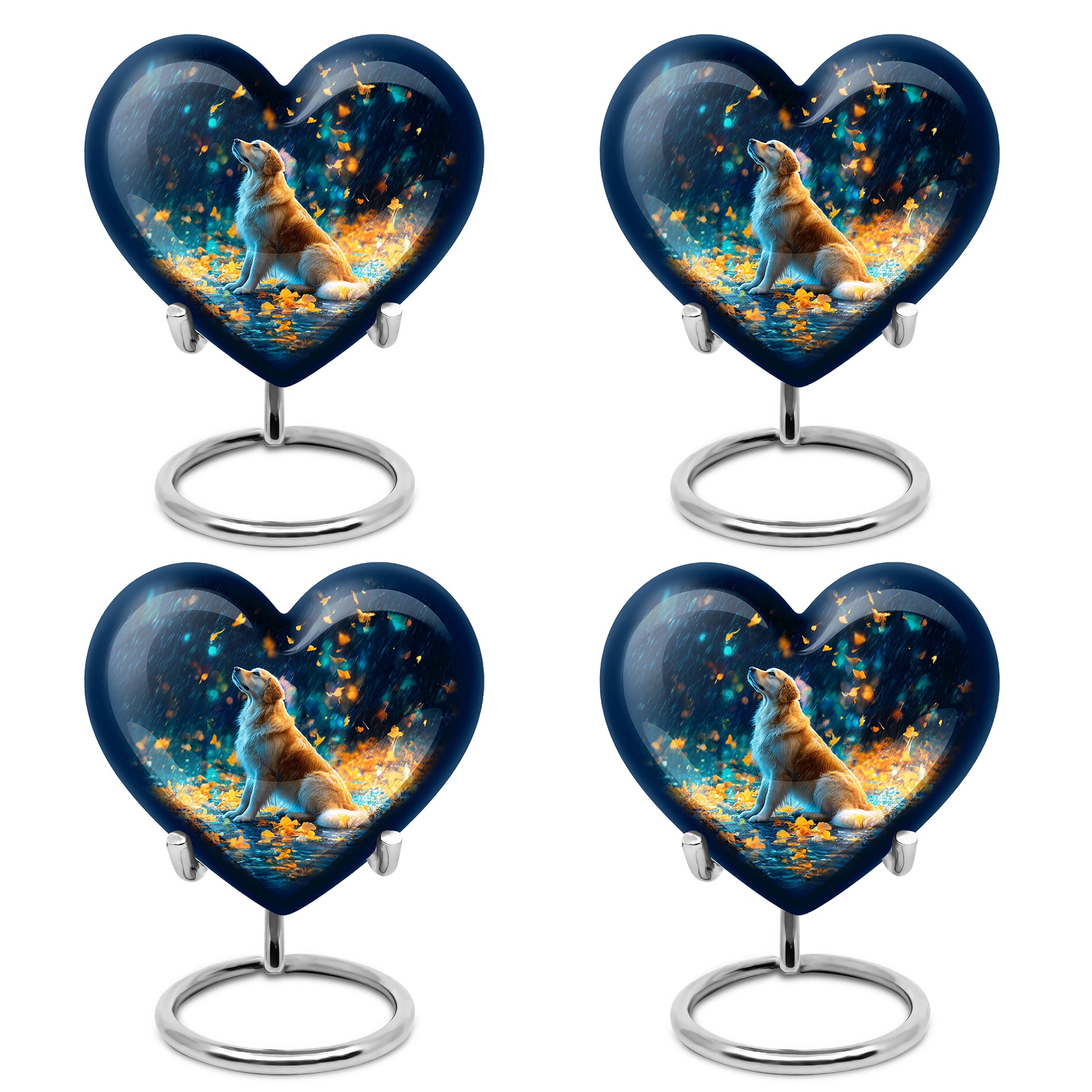 Serene Blue Dog Cremation Urn angled view of lid and engraved motif - compassionate heart-dog combination with gentle curves - 10 inch aluminum urn for cremated remains