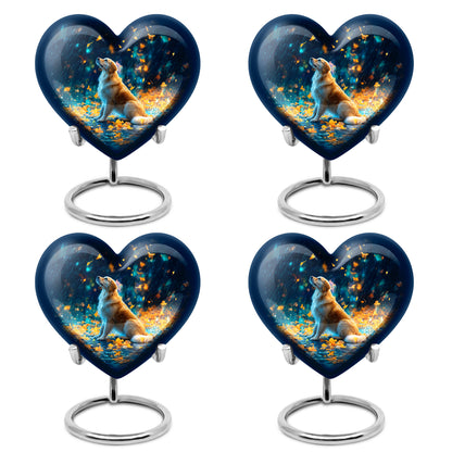 Serene Blue Dog Cremation Urn angled view of lid and engraved motif - compassionate heart-dog combination with gentle curves - 10 inch aluminum urn for cremated remains