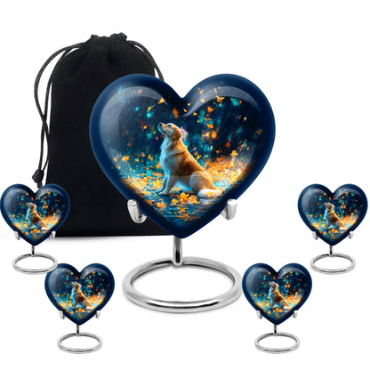 Sapphire Blue Dog Cremation Urn close-up of engraving and surface detail - romantic heart urn with dog motif on aluminum - memorial set with one large and four small urns