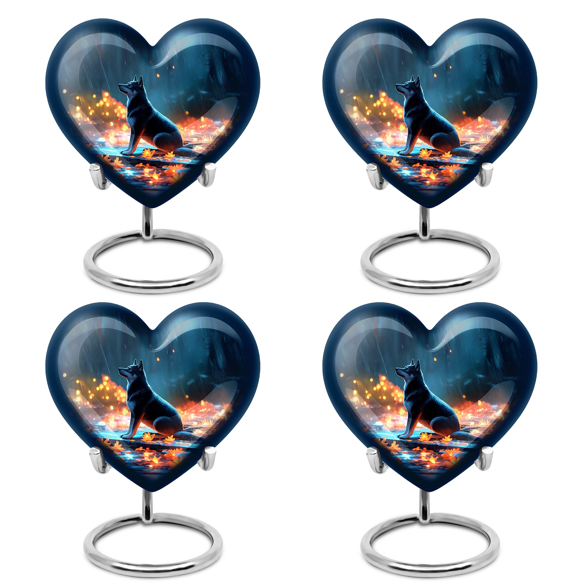 Bright Blue Dog Cremation Urn angled view of lid and engraved motif - romantic heart urn with dog motif on aluminum - 10 inch aluminum urn for cremated remains