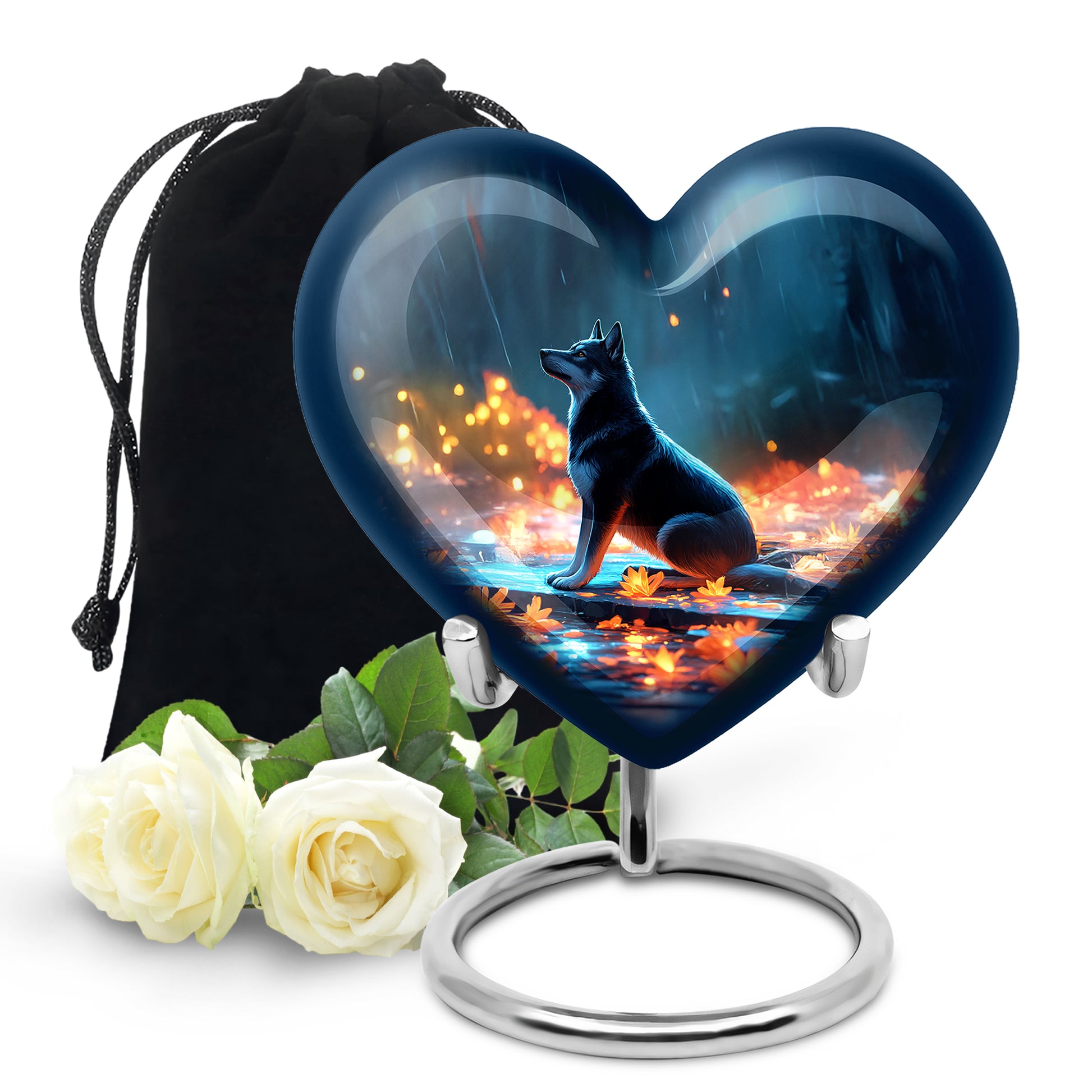 Navy Blue Dog Cremation Urn detail view - loving heart memorial featuring dog pattern - full-size 10 inch 200 cubic inch adult cremation urn