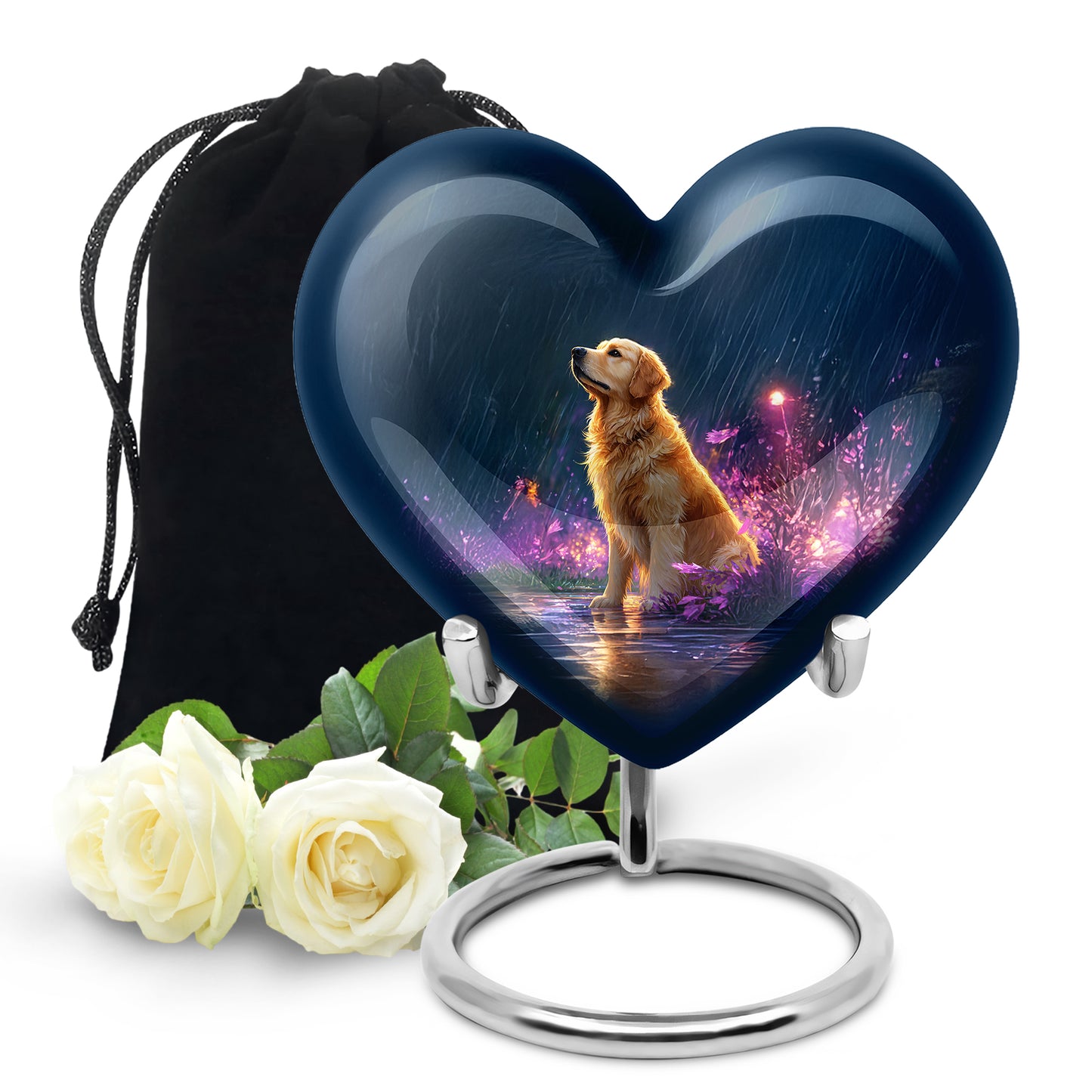 Serene Blue Dog Cremation Urn detail view - romantic heart urn with dog motif on aluminum - full-size 10 inch 200 cubic inch adult cremation urn