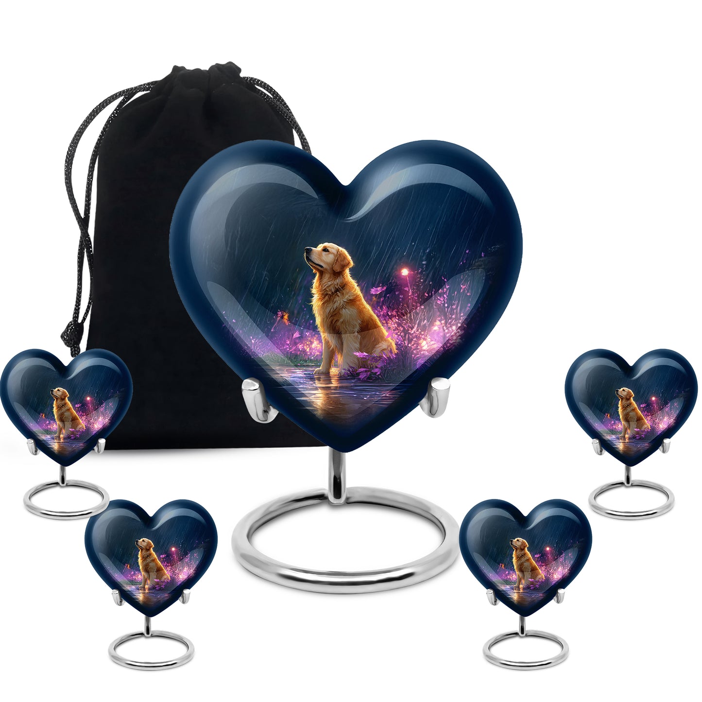 Navy Blue Dog Cremation Urn close-up of engraving and surface detail - loving heart memorial featuring dog pattern - memorial set with one large and four small urns