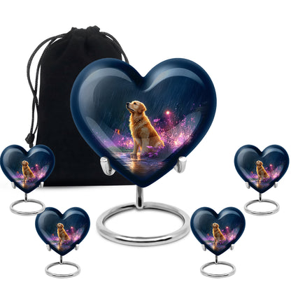 Navy Blue Dog Cremation Urn close-up of engraving and surface detail - loving heart memorial featuring dog pattern - memorial set with one large and four small urns