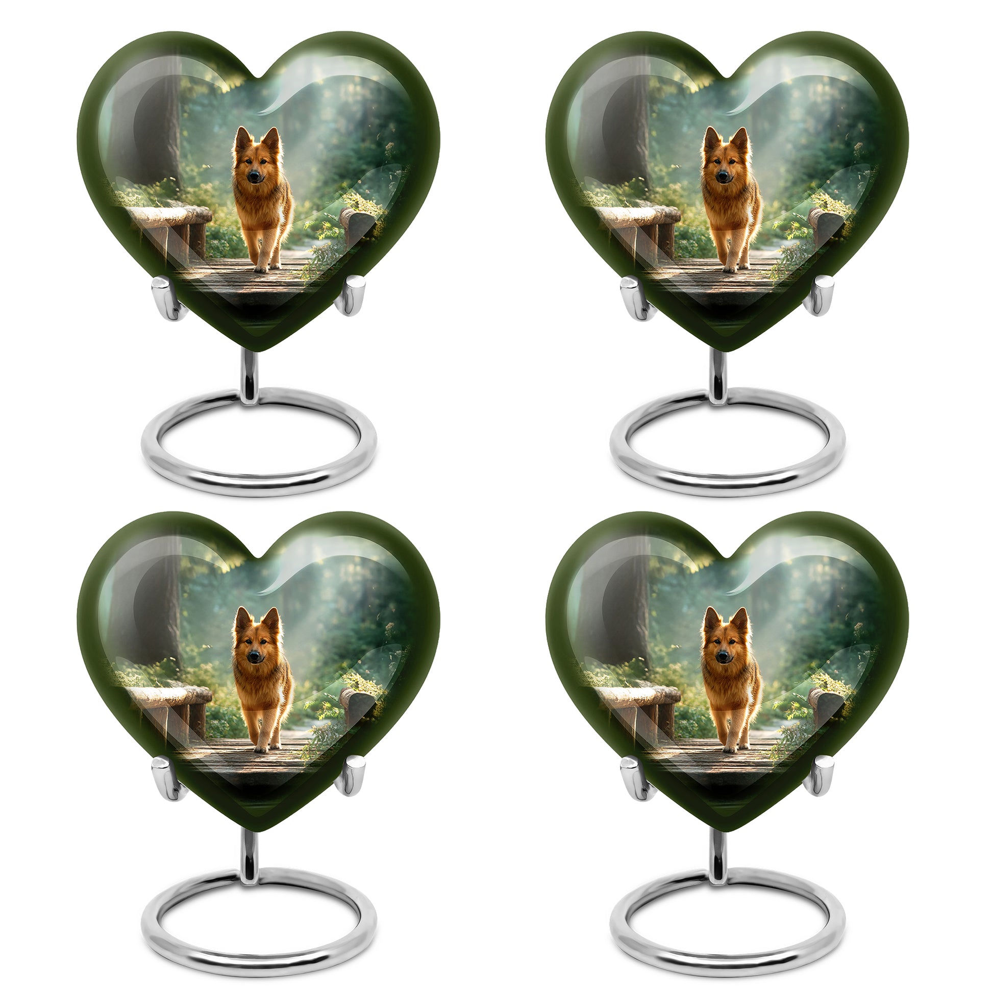 Emerald Green Dog Cremation Urn angled view of lid and engraved motif - heart-shaped dog design symbolizing eternal love - 10 inch aluminum urn for cremated remains