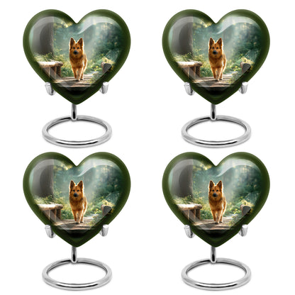 Emerald Green Dog Cremation Urn angled view of lid and engraved motif - heart-shaped dog design symbolizing eternal love - 10 inch aluminum urn for cremated remains